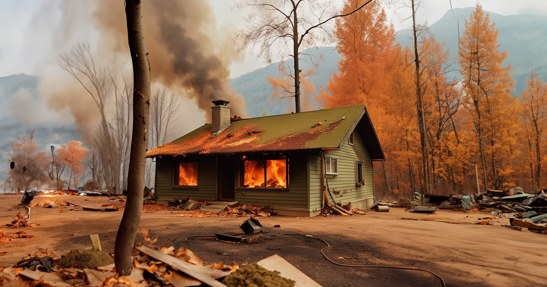 a wildfire burning near a home covered in dry moss